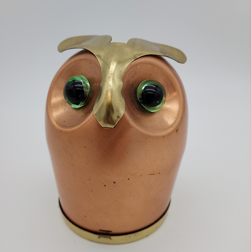 Vintage Copper Owl Metal Coin Bank, Green Glass Eyes (Copper Craft)